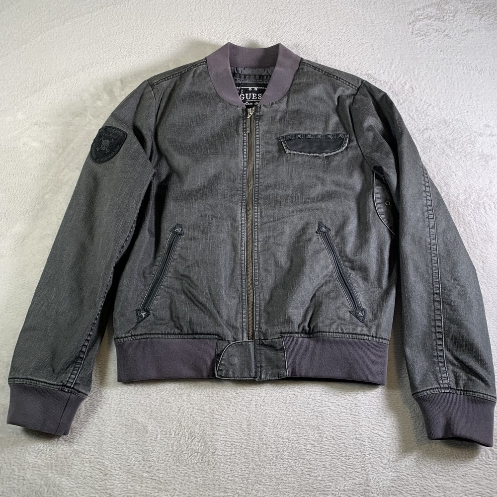 Guess Jacket Mens Small Gray Denim Bomber Studded Zip Pockets Skull‎ Patch NEW